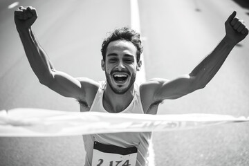 A runner crossing a finish line with a jubilant expression.