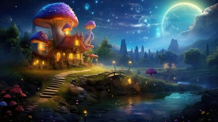 Enchanted mushroom houses in magical fantasy landscape at night. Fantasy and imagination.