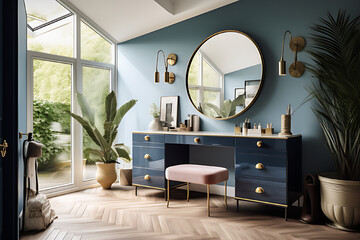 Minimalist blue dressing table with a large brass mirror on the wall, a large areca nut plant beside it, wooden floor. - obrazy, fototapety, plakaty