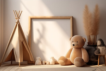 Empty frame standing on a table with a teddy bear, minimalist style, light brown and white colors, natural sunlight from the window.