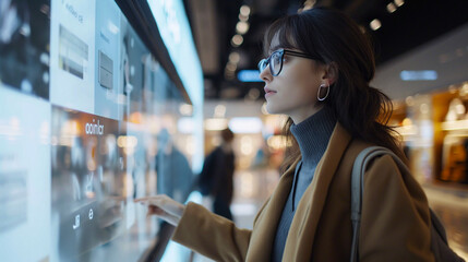 young woman with glasses is using a digital touch screen at a shopping mall. She looks interested and focused on the information AR, AI