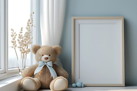 Empty frame standing on a table with a teddy bear, minimalist style, light blue and white colors, natural sunlight from the window.