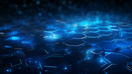 Obraz premium Abstract blue hexagonal technology background, featuring intricate patterns and futuristic elements, evoking a sense of innovation and advancement