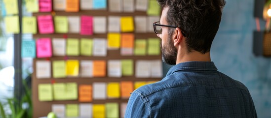 IT employee utilizing kanban board for task management in an agile development environment, attaching notes to scrum board. - obrazy, fototapety, plakaty