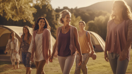 Group of mature female friends walking along path through campsite, surrounded by serene nature.