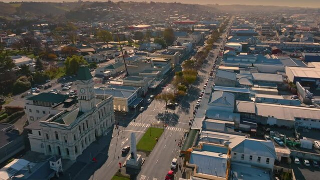 Aerial: Buildings in downtown Oamaru, Otago, New Zealand.
