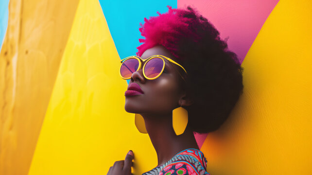 beautiful African woman fashion. eccentric retro with vibrant bright colors