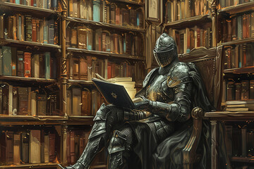 Fototapeta premium A medieval knight, armed with a laptop, explores a library, symbolizing the clash between chivalry and technology in a modern world.