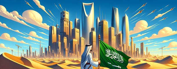 Cartoon illustration of a character dressed in a white traditional arabic outfit standing in a vast desert with saudi arabia flag. - obrazy, fototapety, plakaty