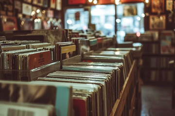 Vintage vibes in a vinyl record store, where music lovers explore classics. - obrazy, fototapety, plakaty