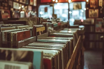 Photo sur Aluminium Magasin de musique Vintage vibes in a vinyl record store, where music lovers explore classics.