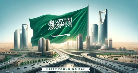 Illustration for founding day with big wavy saudi arabia flag in city. - obrazy, fototapety, plakaty