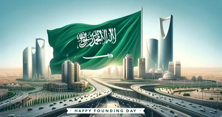Fotobehang Illustration for founding day with big wavy saudi arabia flag in city. © Milano