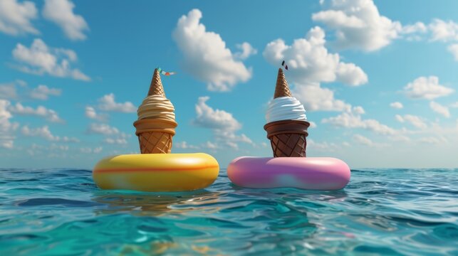 Two ice cream cones one chocolate and one vanilla floating in the ocean on inflatable rafts. They are using their cones as floaties and have cones of sunscreen on their heads
