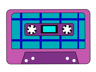 Retro vintage audio music cassette with magnetic tape. Purple and blue color. Abstract design in 90s, 80s, 70s style. Vector flat illustration.