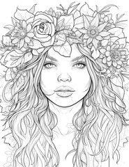 Illustration of a bright and unique young woman surrounded by flowers. Elegant illustration for a coloring book. Anti-stress therapy for adults and children.