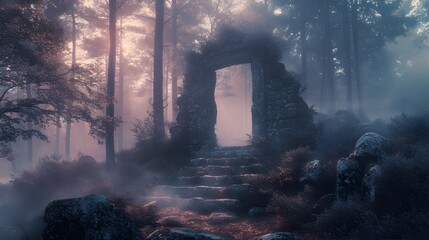 Mysterious Rock Steps Leading to a Fog-Filled Forest