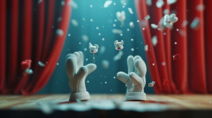 Two gloves throwing a tantrum as their finger puppets refuse to stick to their fingers causing chaos on the miniature stage.