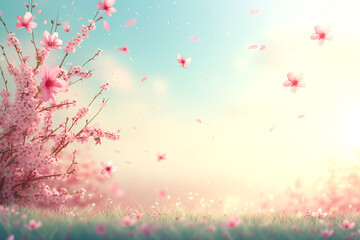 Blooming Sakura Flowers And Sky - Spring Background With Defocused abstract Light