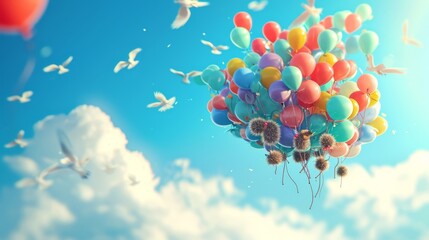 In this whimsical scene a group of hedgehogs have tied themselves together with balloons and are floating merrily in the sky much to the surprise of the birds flying by. - obrazy, fototapety, plakaty
