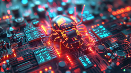 A digital illustration of a glowing cyber bug centered on an electronic circuit board representing a security breach concept.