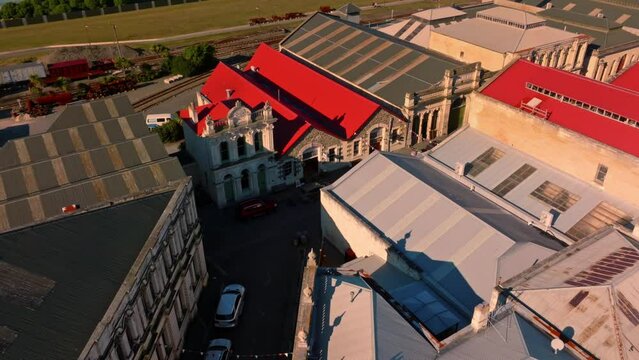 Aerial: Buildings in downtown Oamaru, Otago, New Zealand.