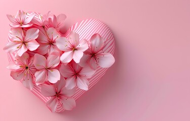 Valentines day background with pink cherry blossom flowers and heart. Vector illustration.
