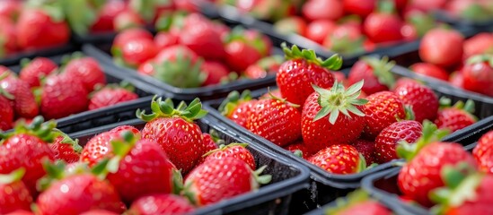 Freshly picked red strawberries displayed in trays at a rural country farmer's market in Scotland, UK, with vibrant organic colors. - obrazy, fototapety, plakaty