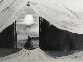 painting lonely black cat in the room looking at the moon through the window - 730574142