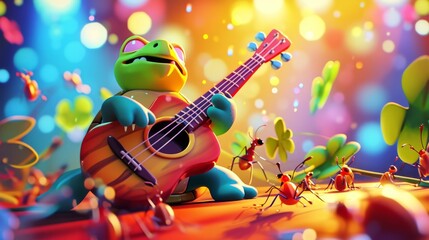 Fototapeta premium Cartoon scene Over at the acoustic stage a teeny turtle guitarist strums a tiny ukulele while a group of ants harmonize with their impressive tiny voices earning