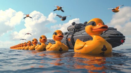 A comical sight of a spaceship being towed by a line of determined rubber ducks as they lift it up with their beaks and fly off into the distance in this silly Cartoon - obrazy, fototapety, plakaty