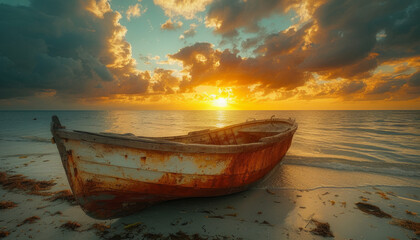Abandoned Boat at Seashore During Sunset