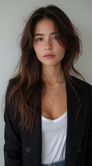 Fototapeta premium portrayal of a charismatic thailand student, capturing a model, with an engaging smile and sharp, calm long straight back hair, fitted blazer over a casual white tee paired with classic jeans, white b