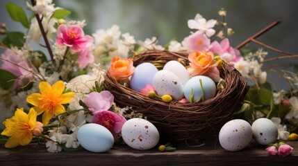 Obraz na płótnie Canvas Speckled Easter Eggs in a Nest with Spring Flowers