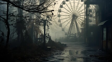 Image of abandoned amusement park with a rusting Ferris wheel.