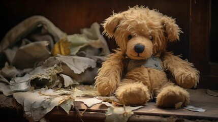 Image of an old and battered teddy bear.