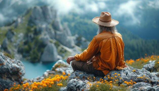 Contemplative Man Sitting Among Mountain Wildflowers