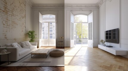 Apartment room before and after restoration or refurbishment. Renovation concept.