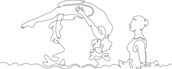 Obraz na płótnie Canvas Women's synchronized swimming duet. Olympic water sport. Girls are swimming. Synchronized swimming . Women athletes. One continuous line drawing. Linear. Hand drawn, white background. One line