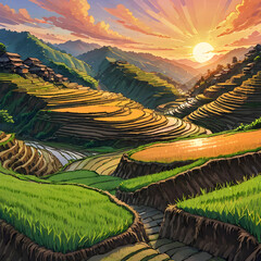 Rice terraces at sunset. Anime landscape drawing