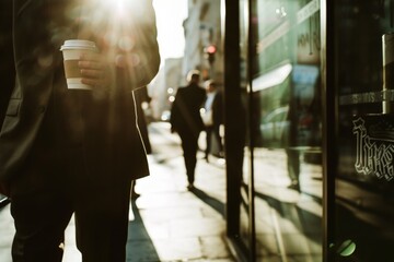 man with coffee, Mature man walking in the city with coffee cup, vintage style
