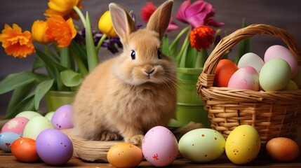 Bunny with Easter Eggs and Spring Flowers