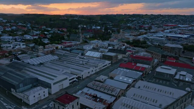 Aerial: Buildings in downtown Oamaru, Otago, New Zealand.