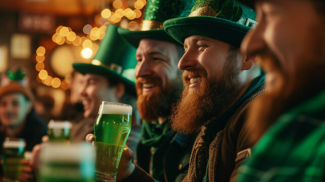 Happy adult men celebrating saint patricks day at an irish beer pub