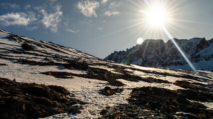 Snow-capped mountain peak in the Andes mountain range. Ushuaia