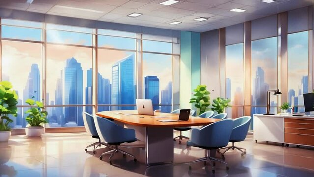 modern office interior with office. Cartoon or anime watercolor painting illustration style. seamless looping virtual video animation background.