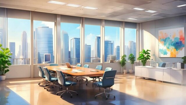 modern office interior with office. Cartoon or anime watercolor painting illustration style. seamless looping virtual video animation background.