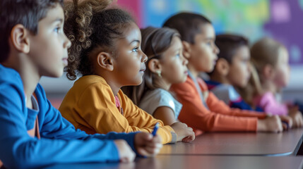 Diverse group of multicultural children in the classroom, listening attentively. Kids wearing colorful clothes, sitting at the desk. Lesson at primary school. Attentive young students.