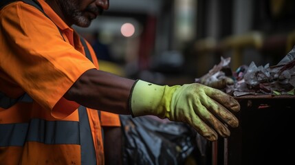 Image of garbage collector in town. - obrazy, fototapety, plakaty