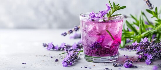 Obraz na płótnie Canvas Fresh lavender cocktail on a white table.